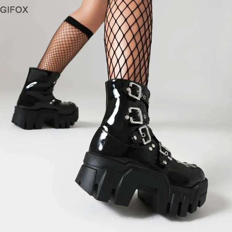 

GIGIFOX Platform Ankle Boots For Women Chunky Wedge Heel Punk Buckle Boots Goth Fashion Motorcycle Boots Winter Sneaker Shoes