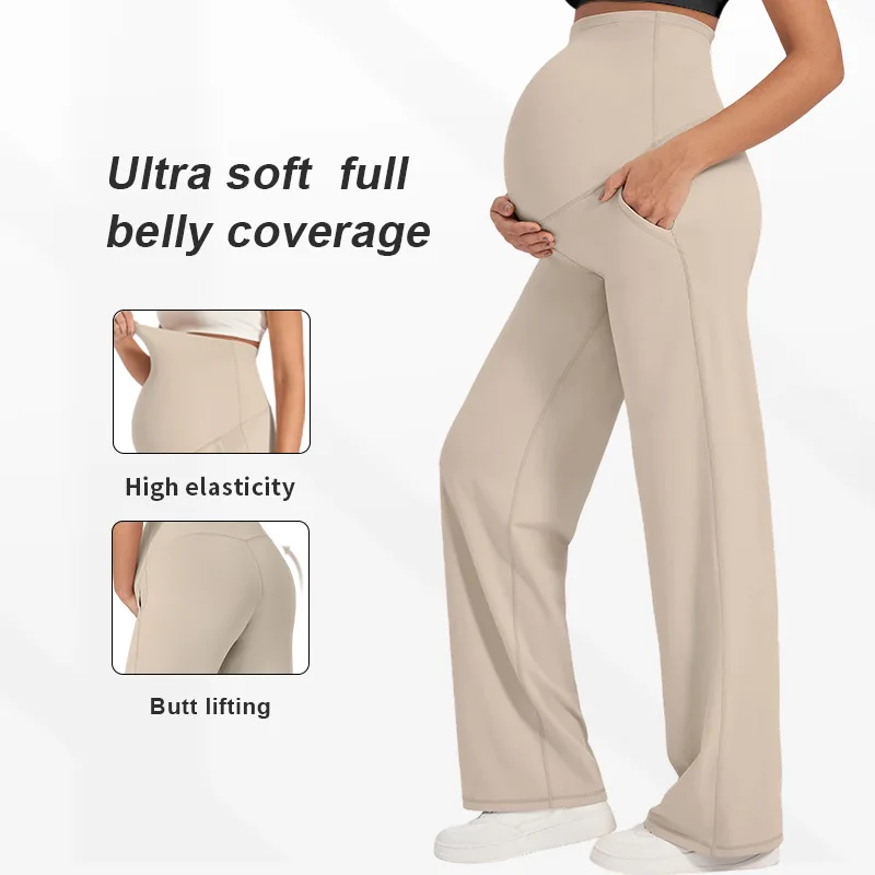 New Maternity Women Pants Solid Spring Autumn Wide-legged Pants High-waisted Loose Pants Casual Straight Pants Pregnant Clothing - 5
