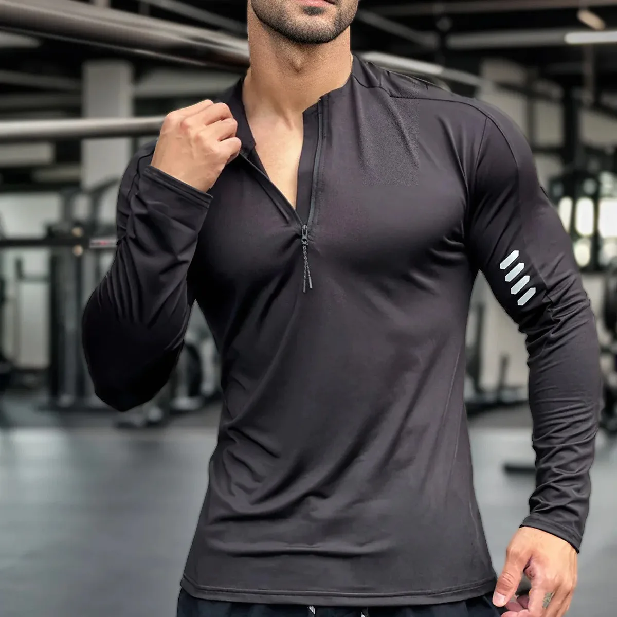 

Sports long sleeved fitness top quick drying tight fitting elastic running training zippered hoodies for men