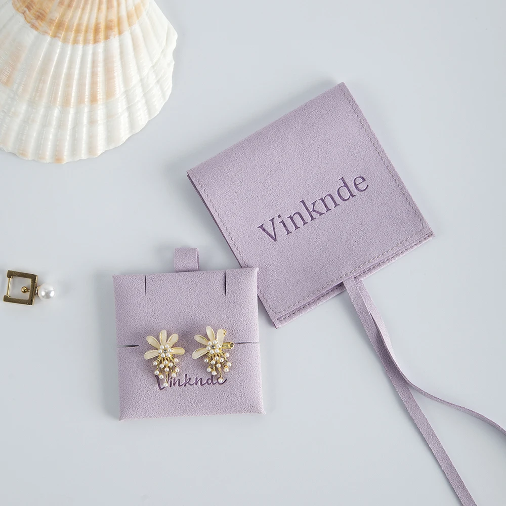 Custom Logo Small Envelope Ribbon Package Pouch Luxury Microfiber Suede Ring Earring Necklace Jewelry Organizer Bag Insert Crds