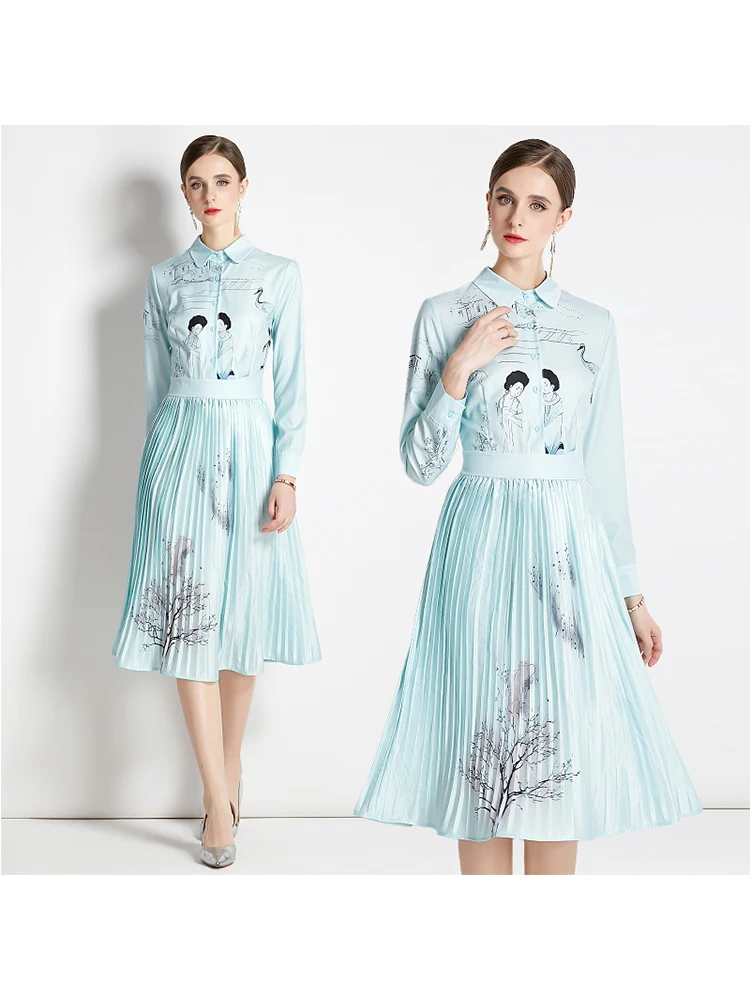 

2023 Summer Vintage Style Long Sleeve Light Blue Lapel Collar Dresses Summer Women Casual A-Line Tunic Midi Pleated Dress