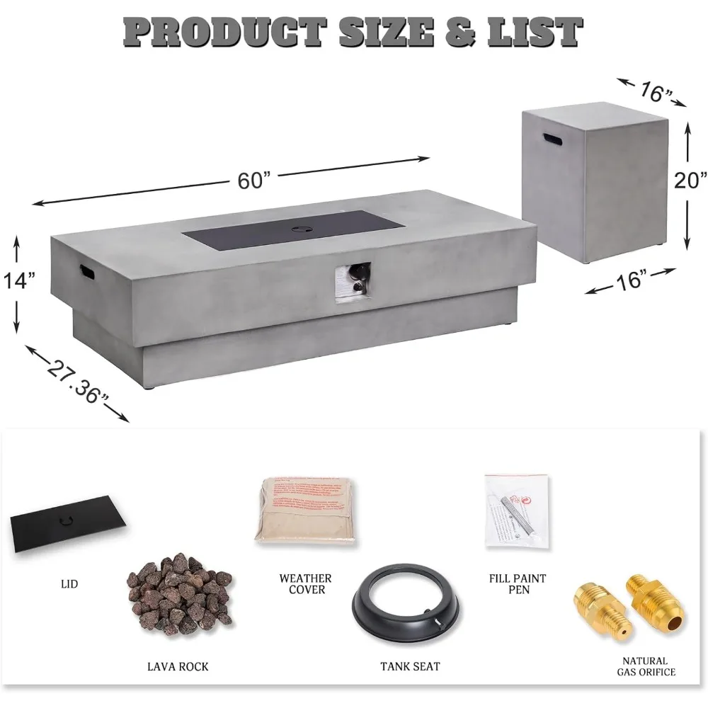 60 Rectangular Propane Fire Pit Steel Lid Propane Tank Table Lava Rocks Rain Cover 50000 BTU Outdoor Fire Table