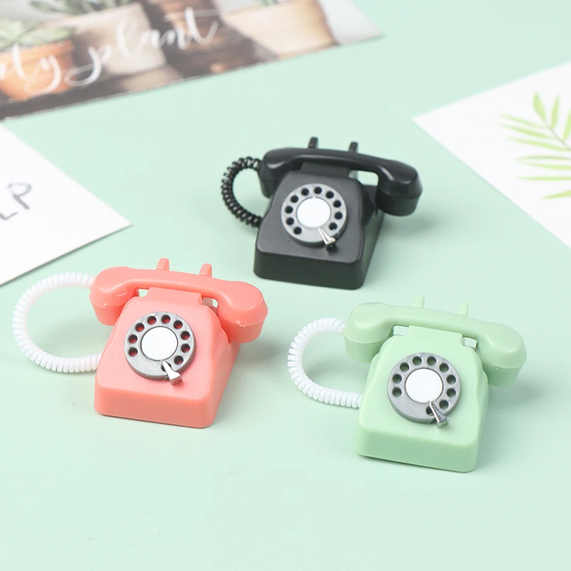 1: 12 Dollhouse Simulated Mini Retro Telephones Furniture Accessories for Doll House Decor Kids Pretend Play Toys 2