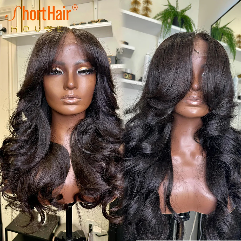 99j Human Hair Wigs With Curtain Bangs Layered Style Wigs Human Hair Glueless 7x5 4x4 Lace Closure Loose Wave 360 Lace Wig