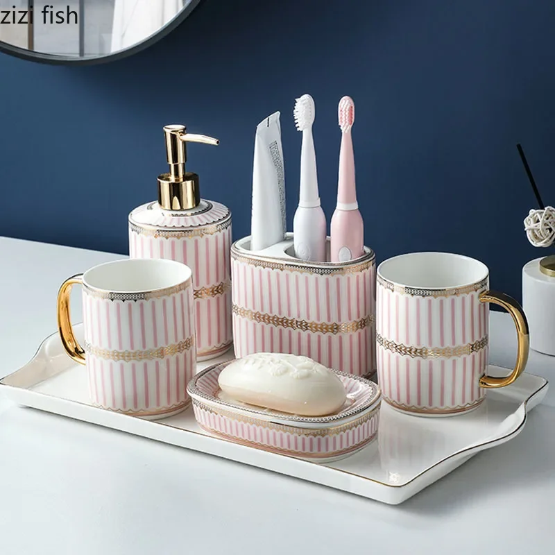 Blue and White Stripes Bathroom Decoration Accessories Ceramic Toothbrush Holder Portable Soap Dispenser Mouth Mug Bath Supplies