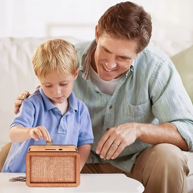 1000/2000/3000/5000/10000 Euro Money Box Piggy Bank Wood Money Bank Reusable Money Box with Saving Goal and Numbers Boxes 5