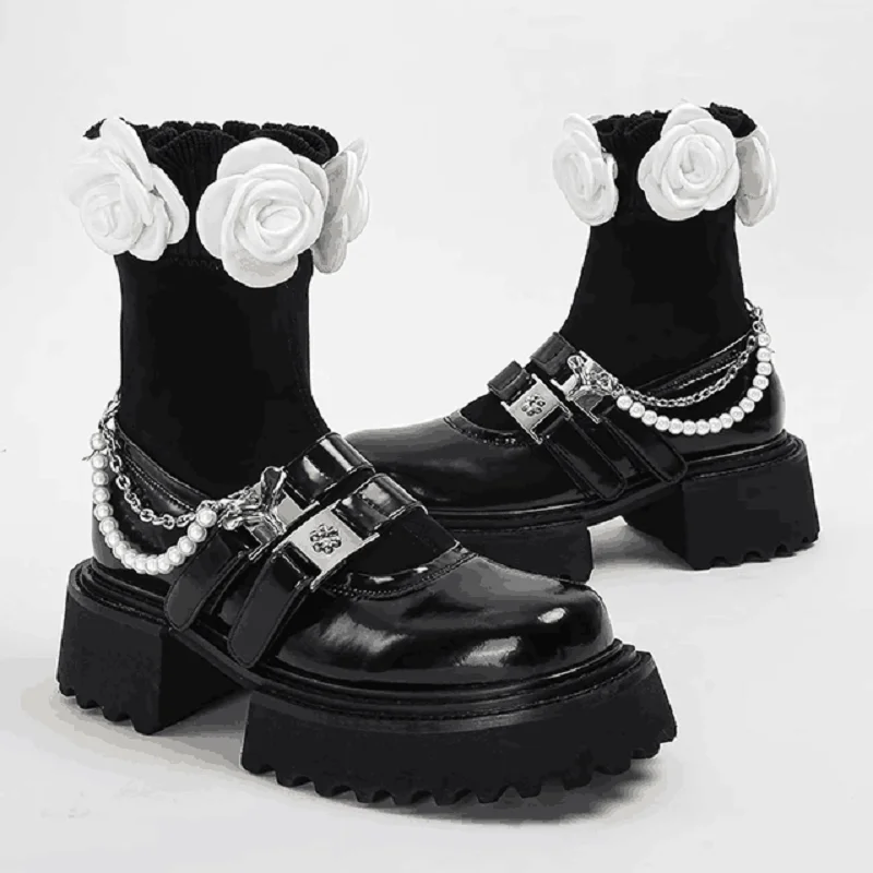 

Metal Belt Buckle Locomotive Women Boots Round Head Square Heel Height Increase Slim Knight Sock Boot Camellia Pearl Chain