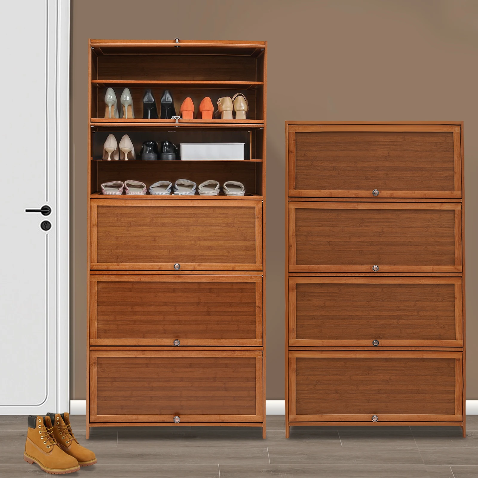 Modern 10-Tier Shoe Storage Cabinet, Bamboo Material, Flip-Up Doors, Raised Bottom, Space-Saving Design