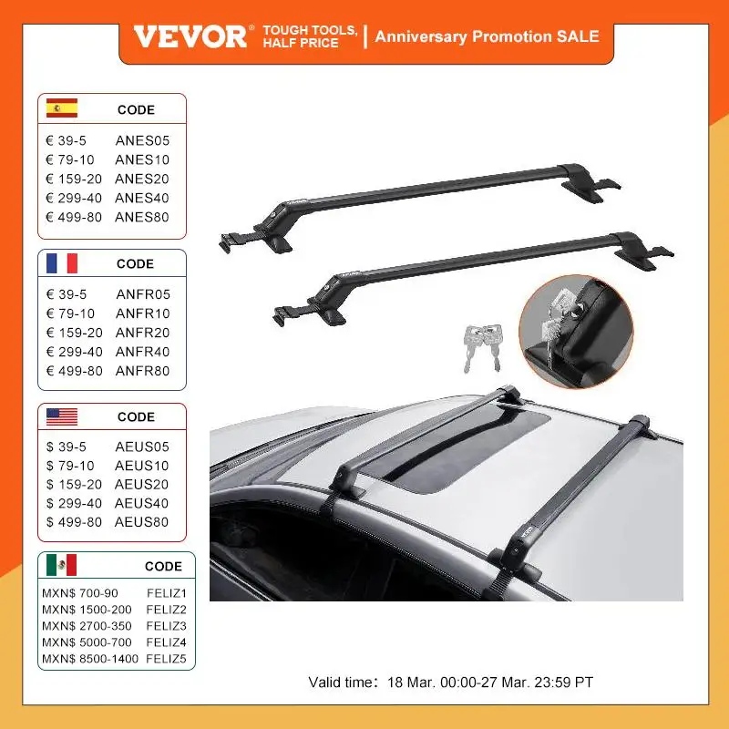Vevor 155Lbs Portapacchi Crossbar Regolabile Aliuminum Roof Rail Crossbar Bagaglio Retrattile Portapacchi Top Roof Crossbar