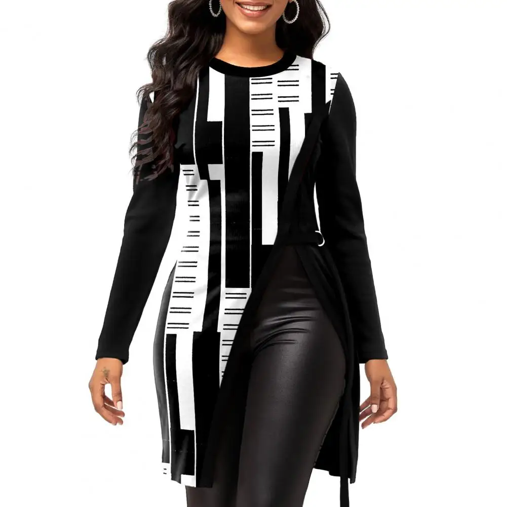 

2023 Blouse for Womens Elegant Autumn Geometric Print Blouse O-neck Long Sleeve Side Split Hem Pullover Tunic Tops Streetwear