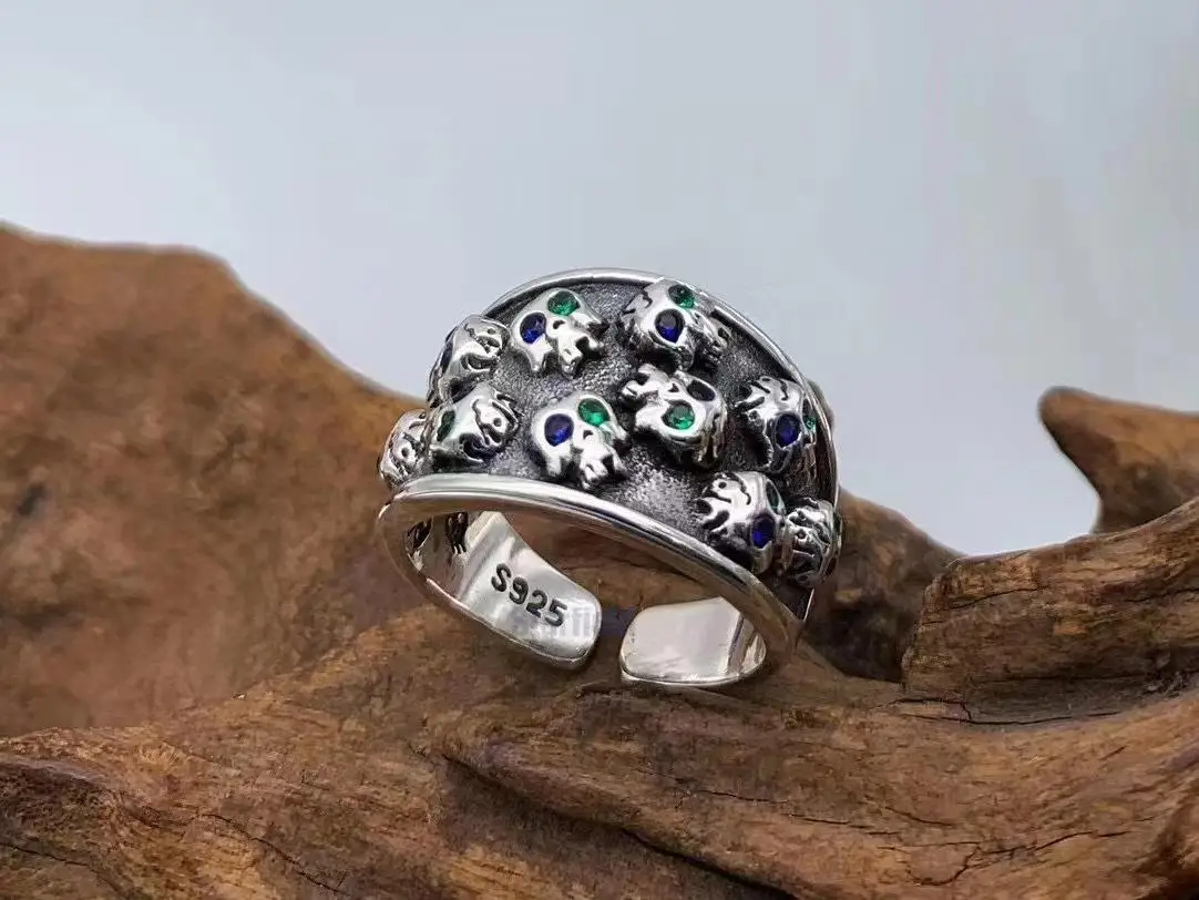 

Открытое регулируемое мужское кольцо в европейском и американском стиле с черепом, серебро 100% пробы, тайский стиль ретро