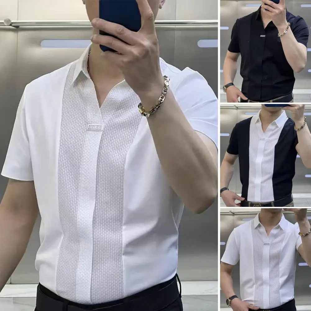 Men Summer Shirt Turn-down Collar Short Sleeves Solid Color Slim Fit Patchwork Soft Breathable Formal Business Style Men Top