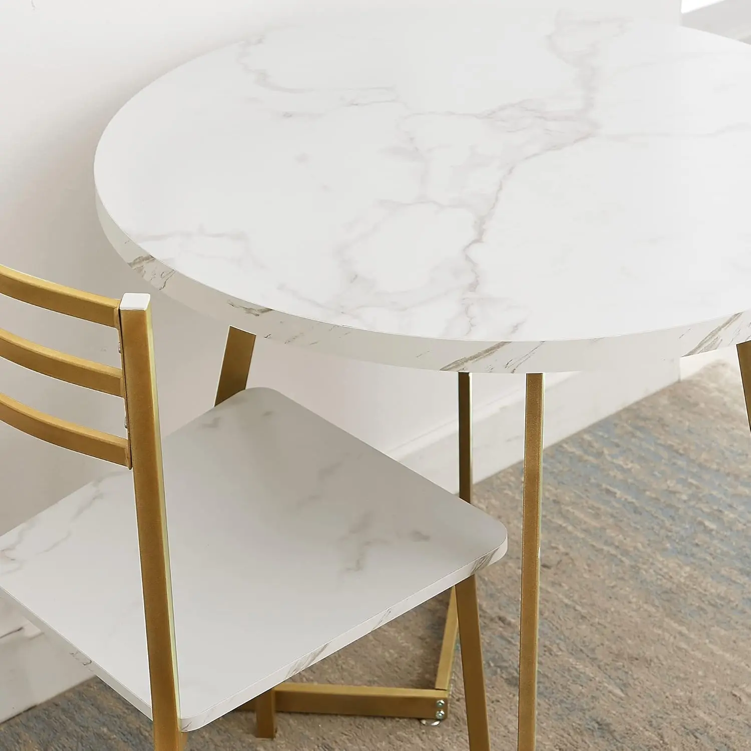 Round Dining Room Table with Wood Grain Tabletop and Steel Frame, for Kitchen, Living Room, Office, Conference, 2 to 4 Person 4