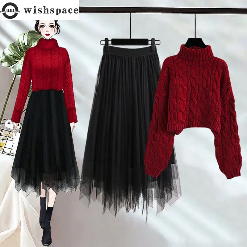 Fashionable Women's Set 2023 Autumn and Winter New High Collar Red Sweater Versatile Slim Mesh Half Skirt Two Piece Set