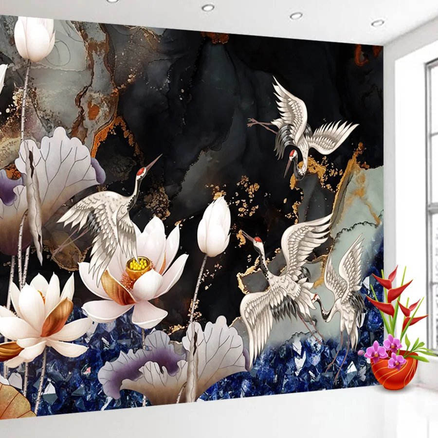 

Custom Peel and Stick Accepted Wall Covering Papers Home Decor Wallpaper for Living Room TV Water Lily Lotus Marble Mural Prints