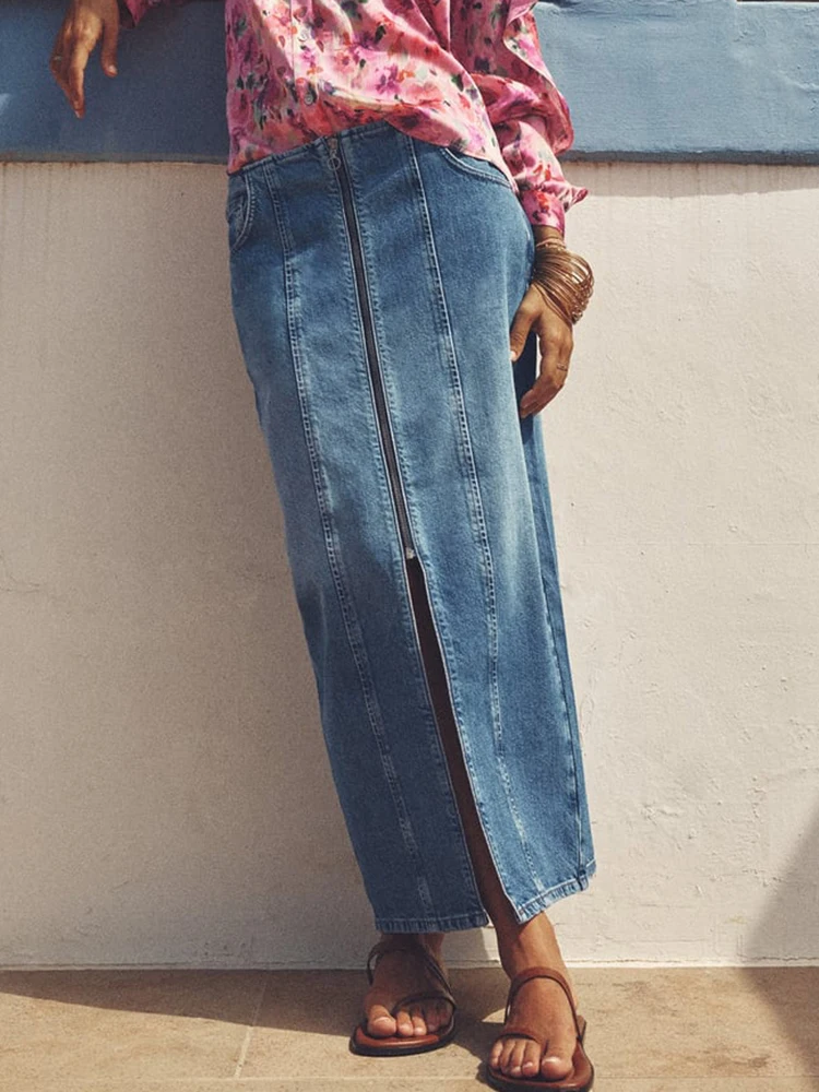 

Zipper Fashion Women's Denim Skirt 2024 Spring Washed Effect High Waist Split Long Skirts Female Streetwear Vintage Lady Faldas