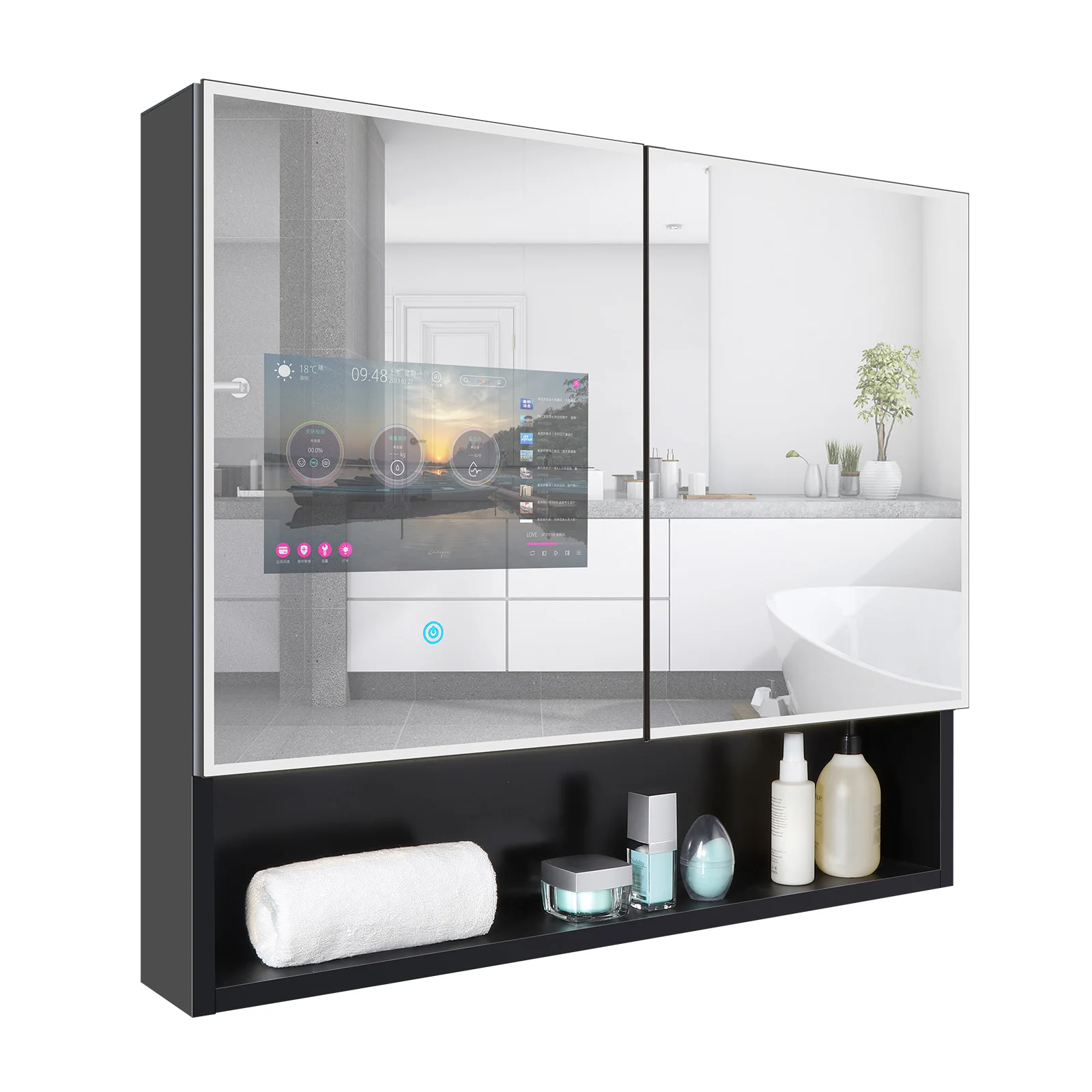 Haocrown LED Bathroom Mirror Cabinet with Touch Screen Smart Android 11 TV (13.3 inch) Aluminium Storage Cupboard Black