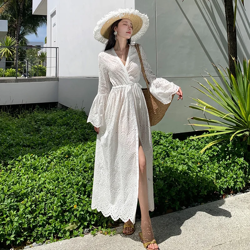 

French Elegant Hollow Out Embroidery Long Dresses for Women Flare Sleeve White Cardigan Casual Holiday Sunscreen Clothing