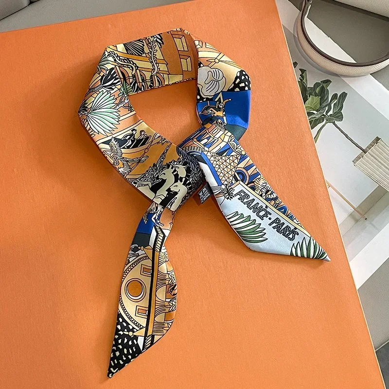 Luxury Design Horse Print Skinny Silk Ribbon Scarf Women5x85cm Hairband Soft Satin Female Foulard Floral Headband Bag Neck Ties 4