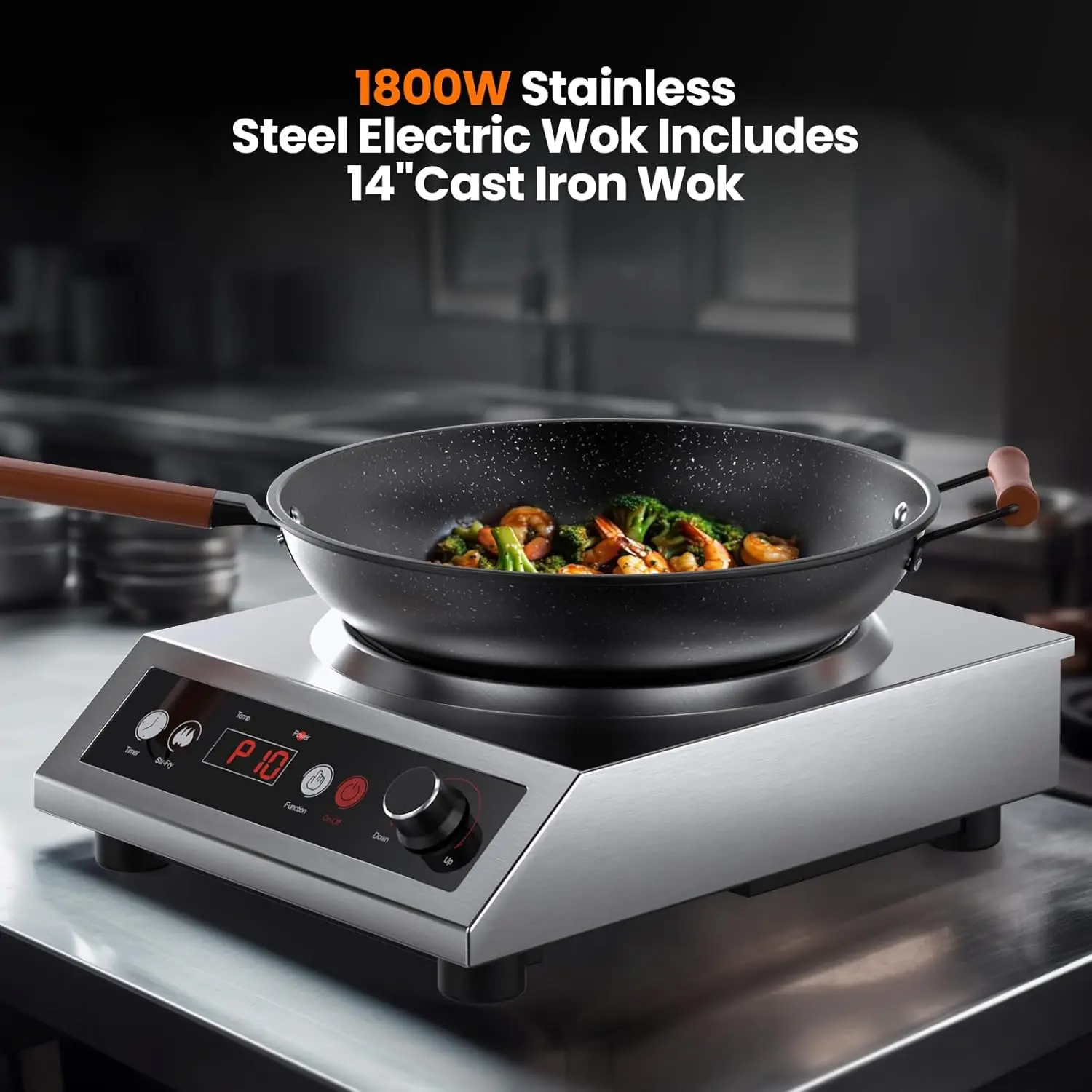 Stainless Steel Electric Wok Used For Home And Commercial,Temp From 140°F to 460°F,Concave Surface Dual Control 10 Power 24H Tim 6