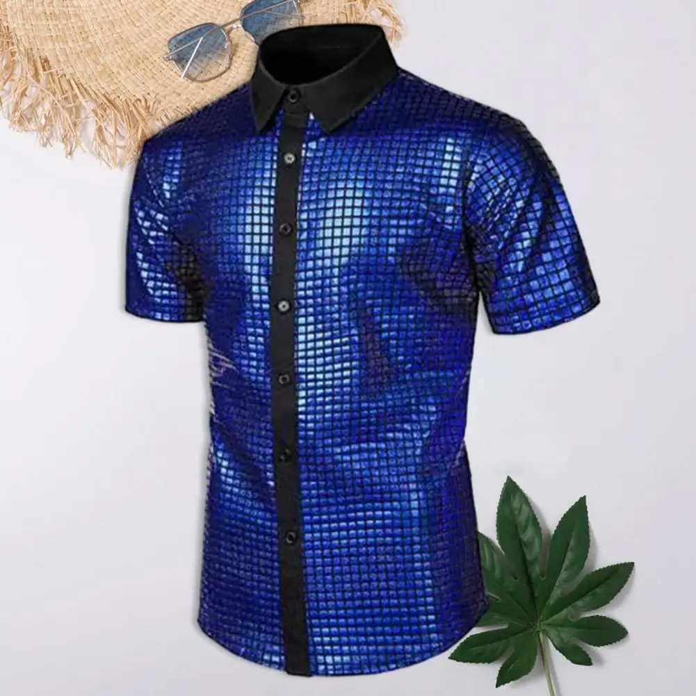 

Men Performance Shirt Vintage 70s Disco Costume Men's Club Shirt with Reflective Shiny Sequins Turn-down Collar for Parties