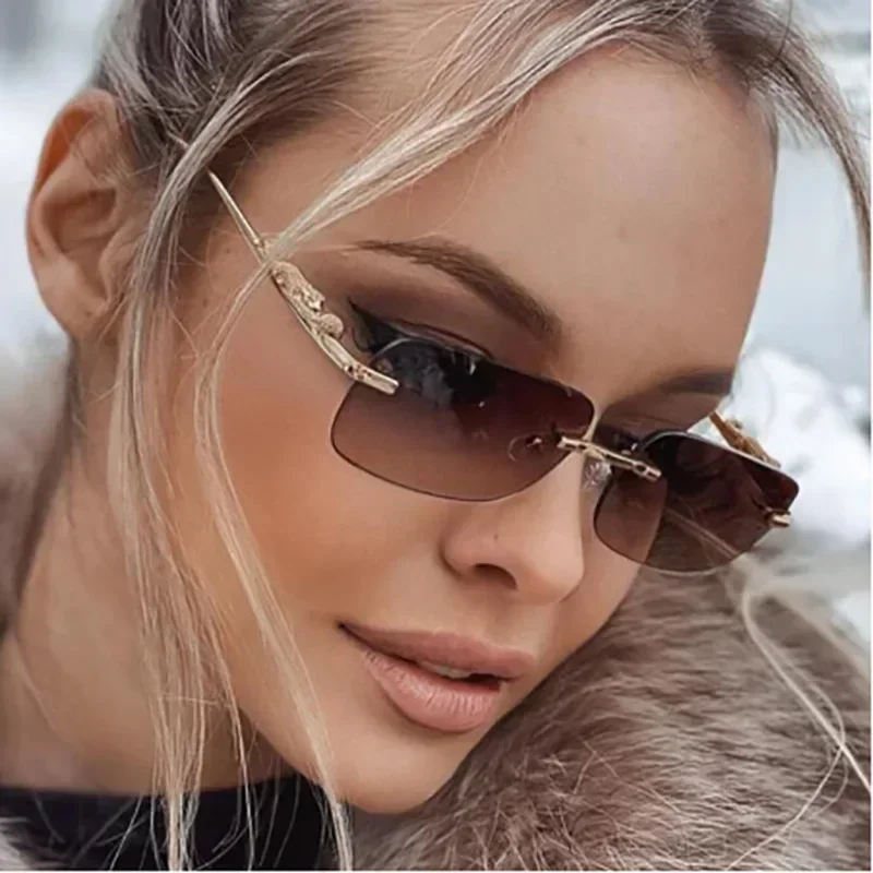 

New Rimless Rectangle Vintage Metal Leopard Head Sunglasses Fashion Frameless Tinted Glasses Shades For Women Men
