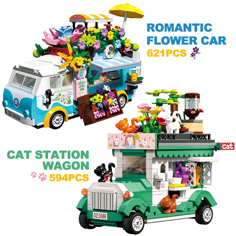 

Mini Outing Bus Friend Camping Car Food Truck Flower Building Blocks City Street View Model Vehicle Assemble Bricks Toys For Kid