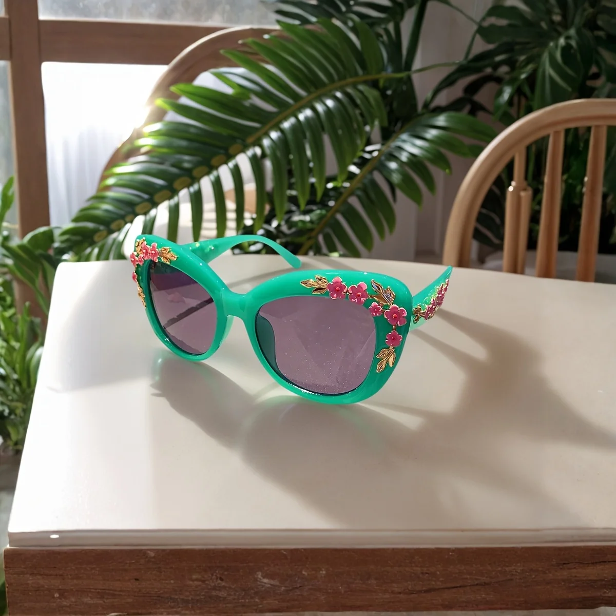 1pc-Rose Fancy Decorative Eyewear Fashion Retro Design Flower Sunglasses Women Vintage Metal Pink Flores Cat Eye Sun Glasses