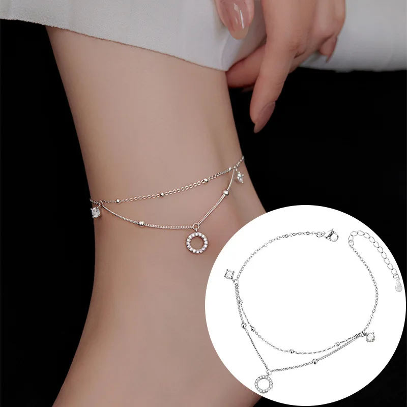 Anklet Bracelets Silver Anklets Ankle Chain 925 Sterling Silver Double Layer Design Foot Chain Tassel Zircon Women's Fine Chain Fashion Overlay Exquisite Foot Jewelry
