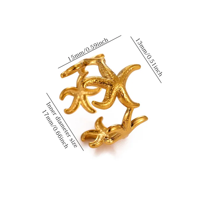 Bagues ouvertes dorées style plage d'été en acier inoxydable, motifs étoile de mer, coquillage, palmier, bijoux étanches pour femmes