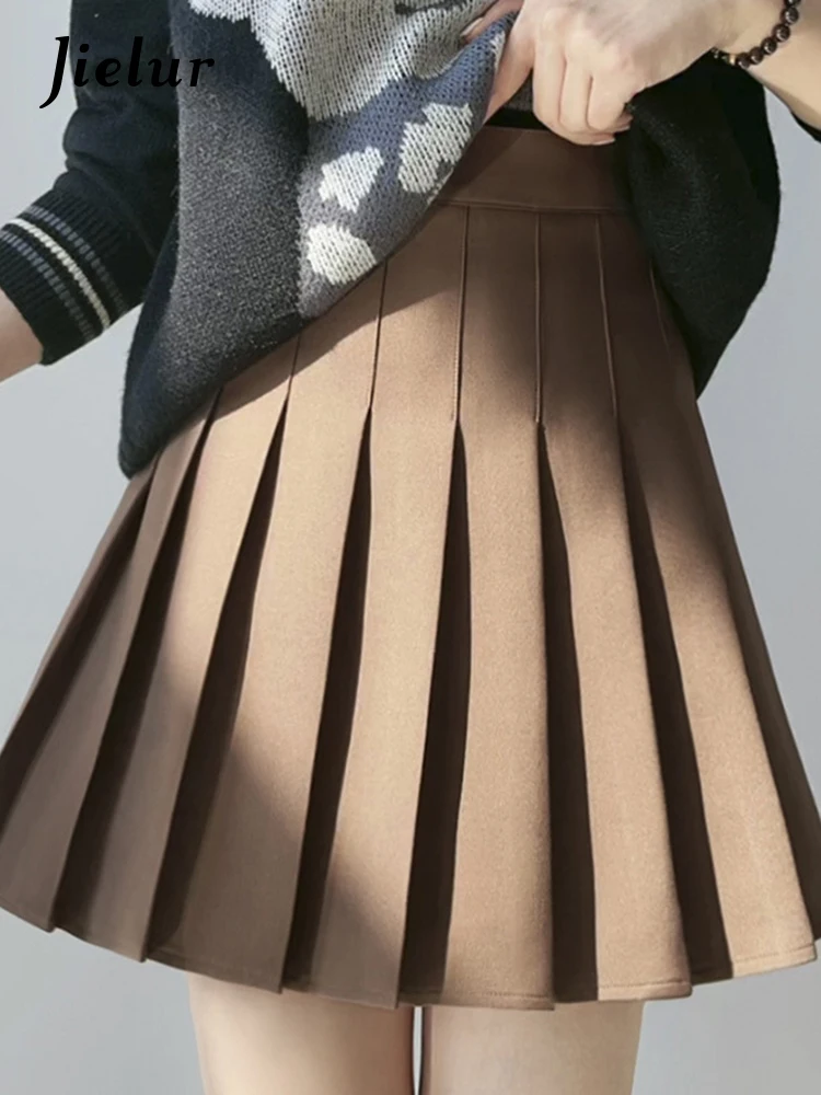 

Brown Pleated Skirt Female High Waist Casual Short Skirt Spring Autumn A-Line Khaki XS-XXXL Size Mini Skirts