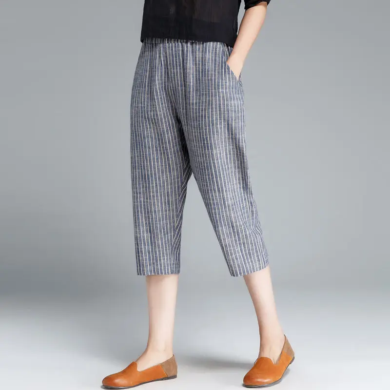 Summer Slim Fit Women's 2024 Patchwork Elastic Waist Patchwork Striped Pockets for Casual Elegant Cotton and Linen Cropped Pants