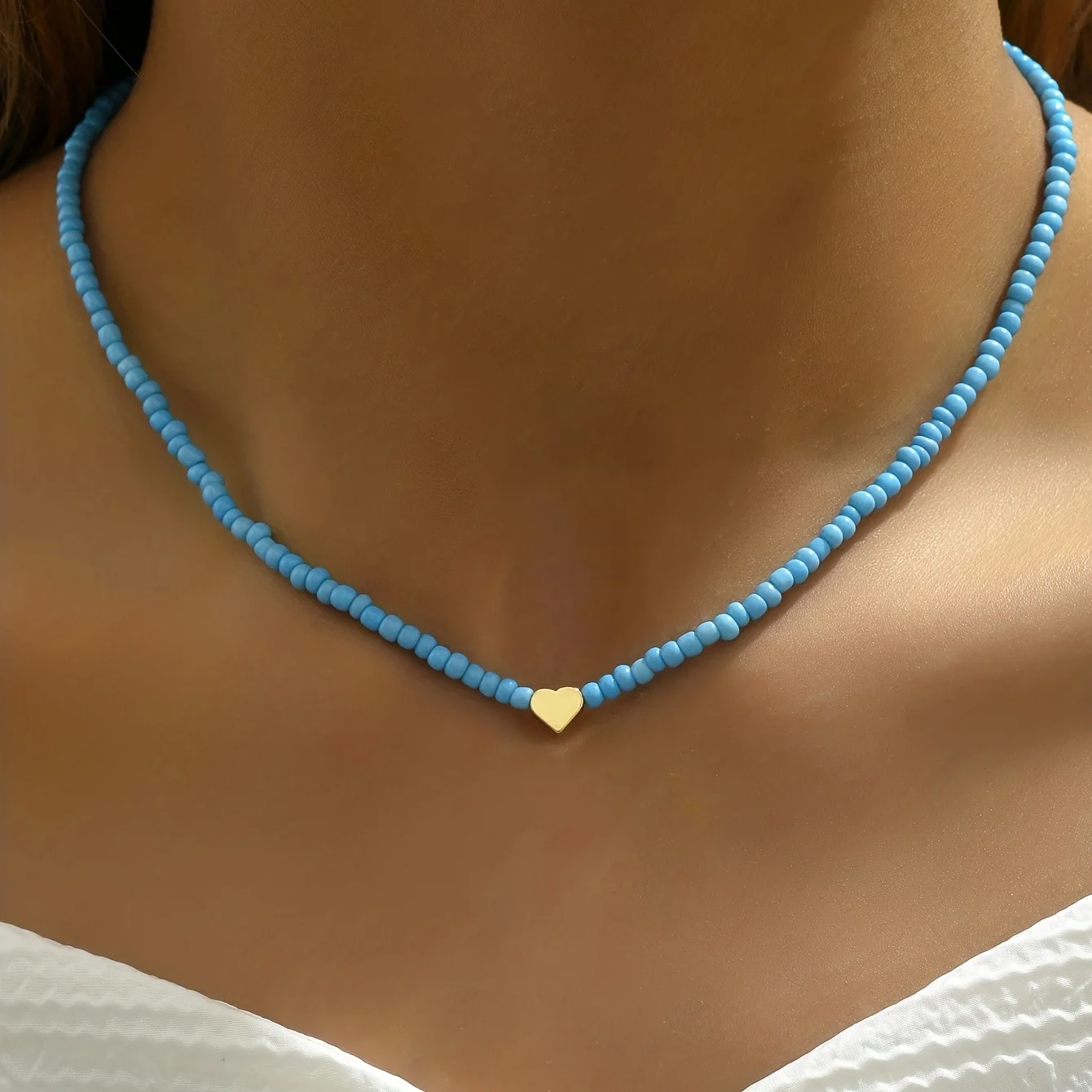 Bohemian Heart Blue Beaded Rice Necklace Womens Fashion Accessory