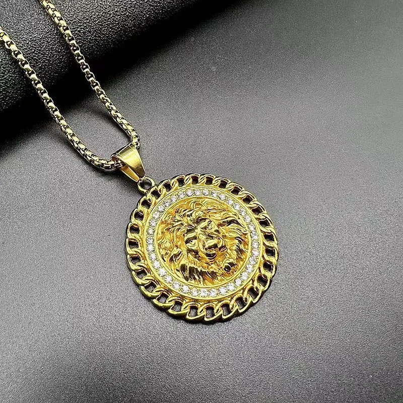 

Stainless steel domineering rhinestone Lion Head pendant necklace