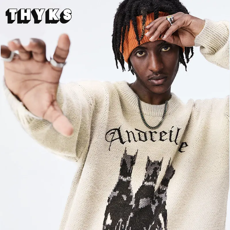 

Men's Round Neck Knitted Sweater Trend American Retro Winter New Tops Round Neck All-match Warm Doberman Pullover Sweater Men