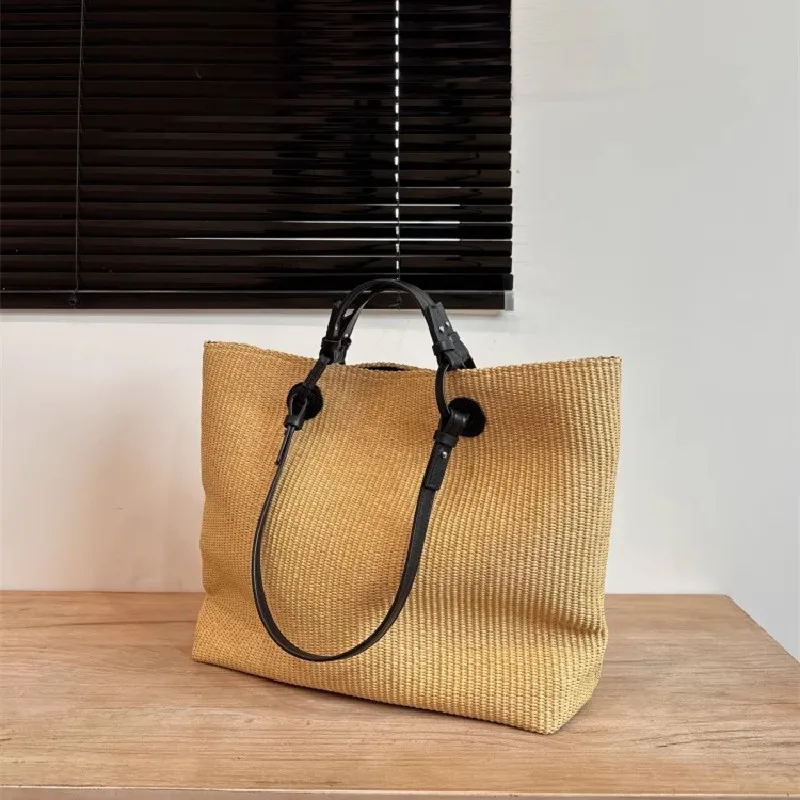 New Style Straw Woven Color Block Patchwork Basket Large Capacity Handwoven Women's Fashion Beach Vacation Bag