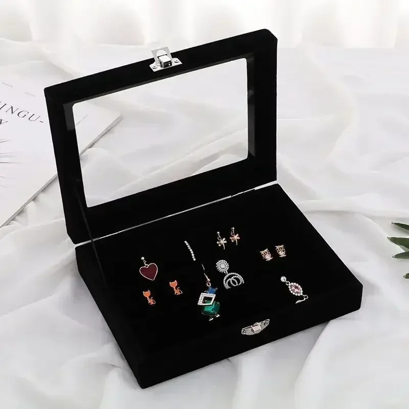 New Jewelry Storage Box with Transparent Flip Cover Ring Earring Necklace Bracelet Jewelry Display Case Velvet Jewelry Show Prop