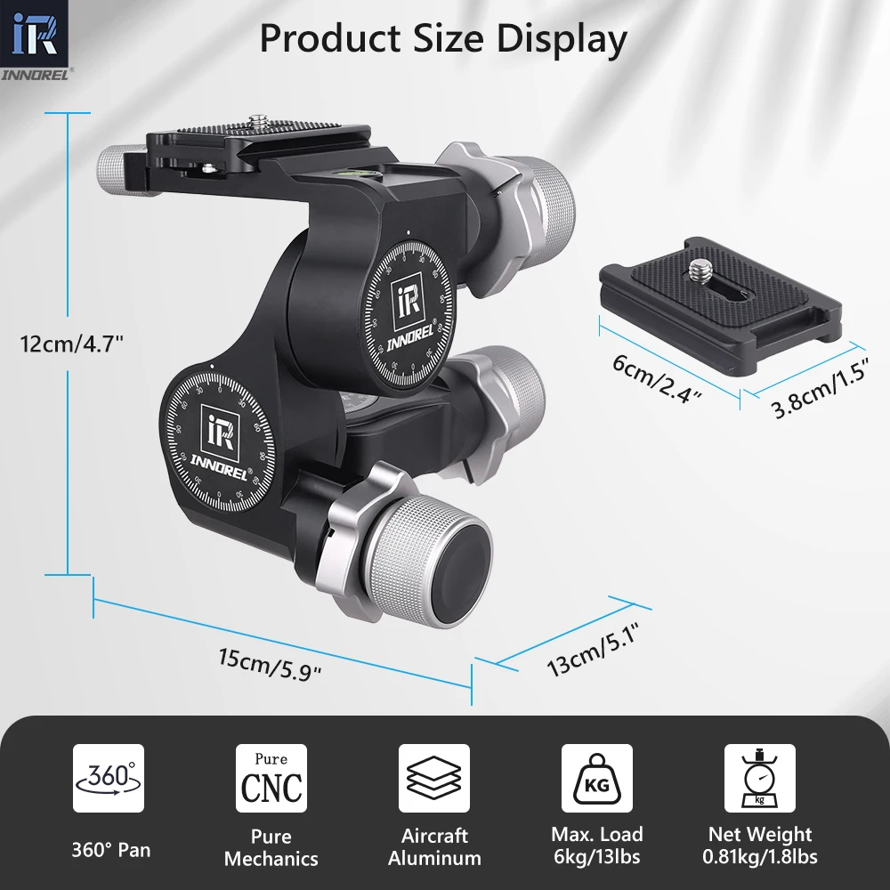 GR5 CNC Aluminum Alloy 3 Way Geared Tripod Head Load Capacity 6kg with Arca Type QR Plate for Photography Camera