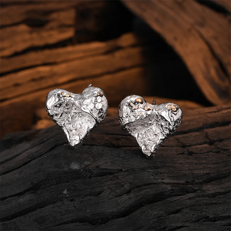 

925 Sterling Silver Irregular Lava Texture Heart Stud Earrings for Women French Vintage Niche Design Jewelry Gift