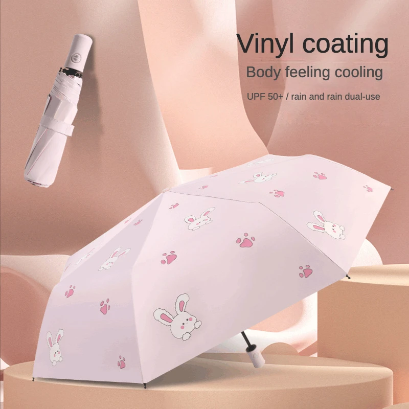 Cute Kids Umbrella Thick Black Glue Fully Automatic Umbrella Rabbit Sunshade for Girl Child Student Umbrellas