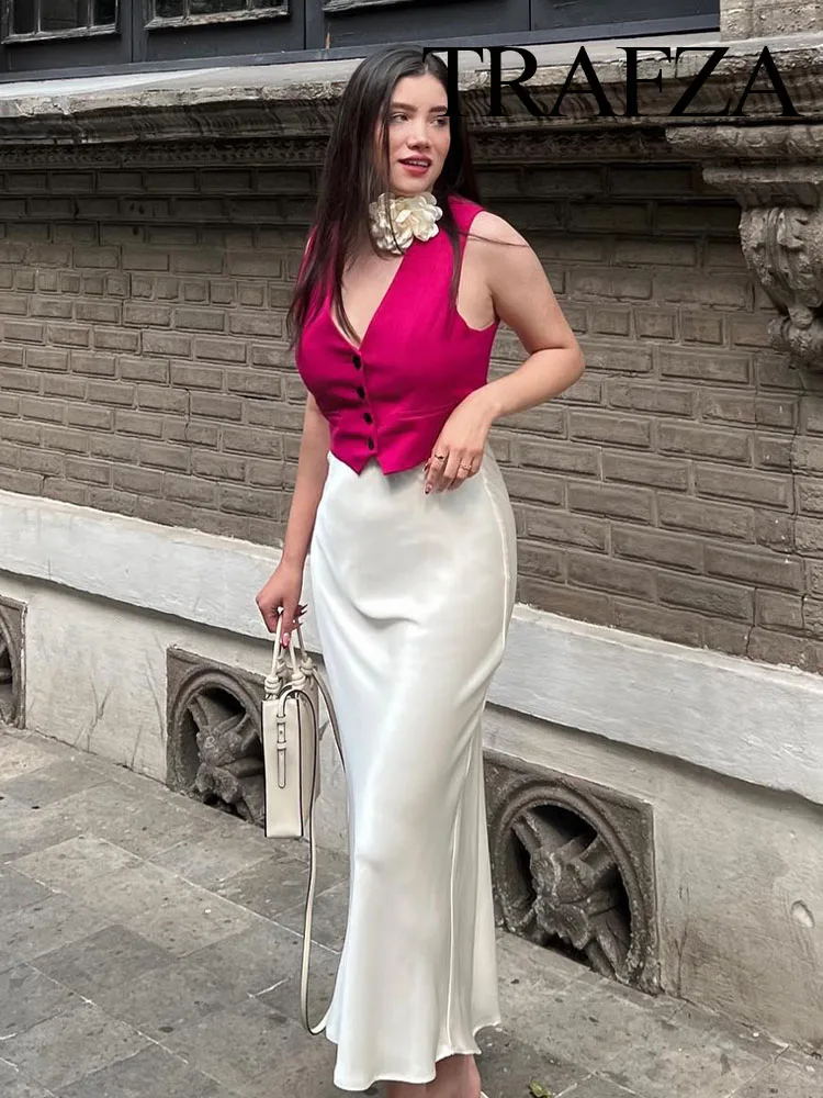 TRAFZA Women Fashion Skirts New Solid Satin Silk Texture