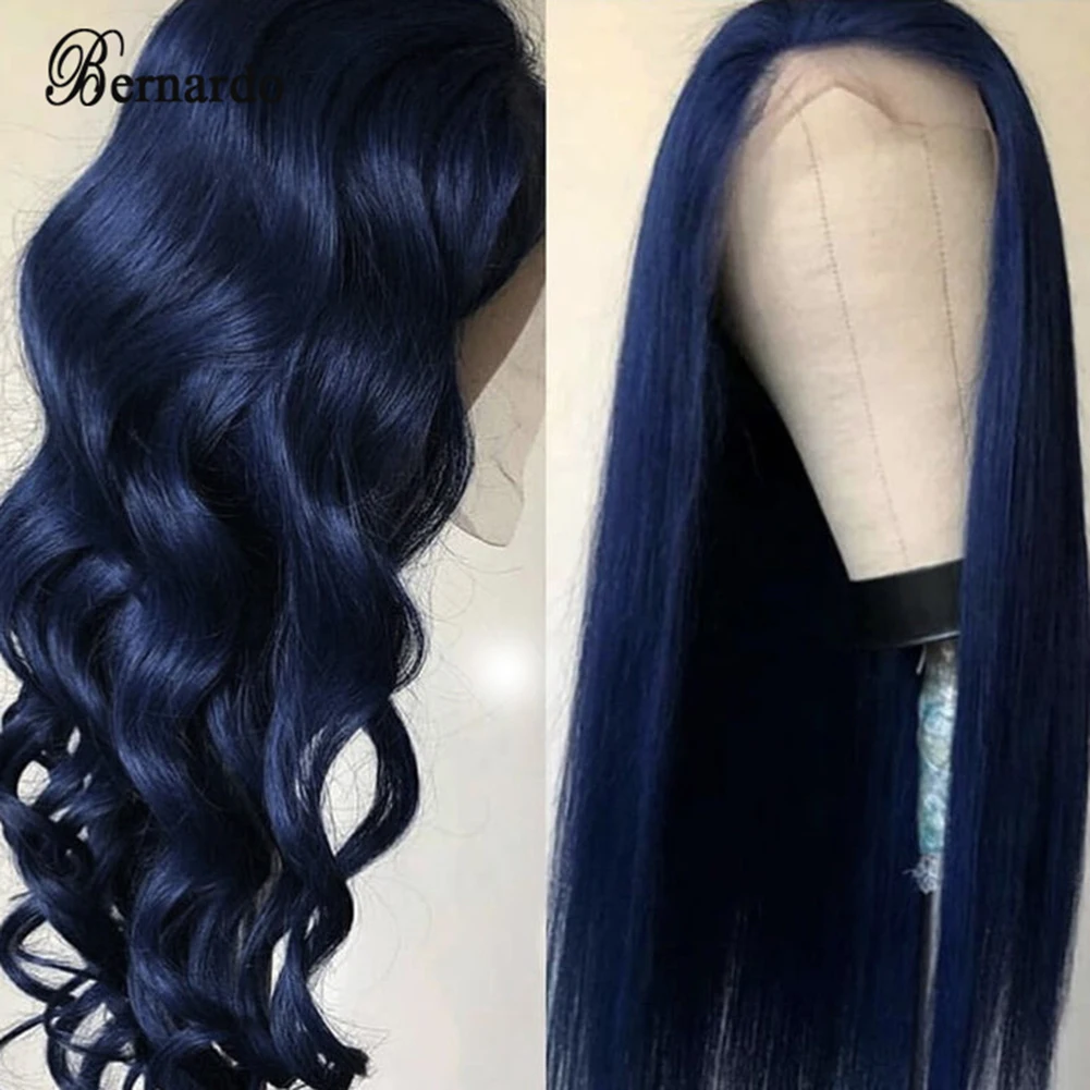Bernardo Dark Blue Lace Front Wig Synthetic Wigs for Black Women 26 Inches Long Straight Hair Lace Frontal Wigs Bady Wave Wig