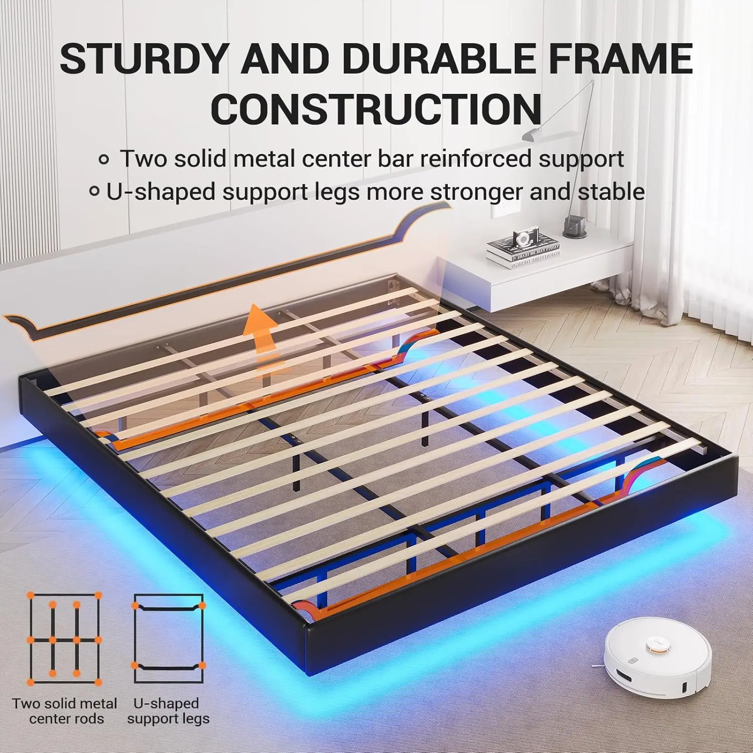 California King Floating Bed Frame with LED Lights Faux Leather Upholstered Cal King Size Platform Bed Frame No Headboard Black 6