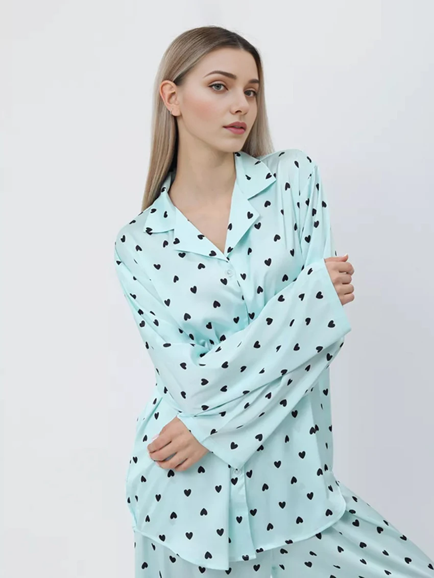 Marthaqiqi Loose Home Clothes Women Sexy Turn-Down Collar Sleepwear Long Sleeve Nightgowns Casual Ladies Nightwear 2 Piece Suit