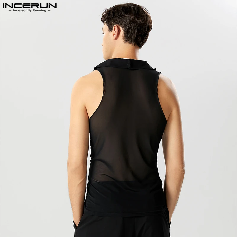 INCERUN 남성용 탱크 탑, 플리츠 메쉬 패치워크, 터틀넥 민소매 패션 조끼, 스트리트웨어 2023, 시스루 섹시한 남성 의류