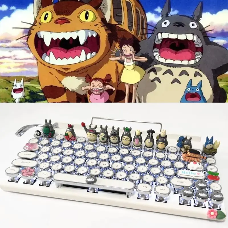 

Kawaii Anime Totoro Typewriter Mechanical Keyboard Blue Switch Hot-Plug Bluetooth Wireless Dual-Mode White Light For Phone Ipad