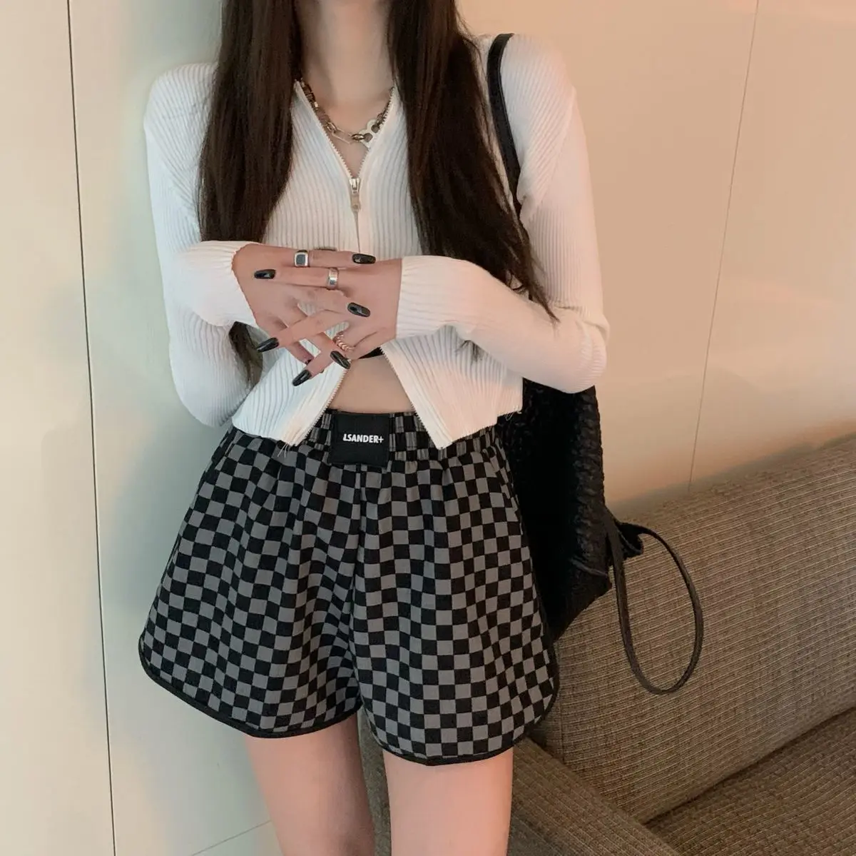 bike shorts women Casual pants women's new checkerboard high waist slim sports shorts fashion dress