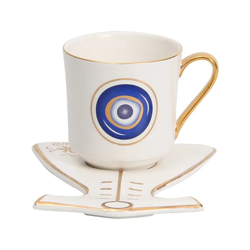 

Turkish Blue Eyes Coffee Cup Saucer Set with Hand and Clothe Shape, Luxury Ottoman Cup, Cappuccino Cup