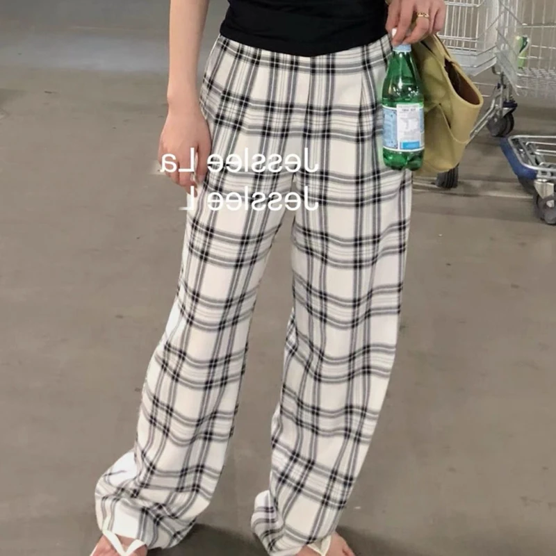 Vintage Classic Plaid Print Y2K Harajuku Straight Trousers Women Summer Korean Casual High Waist Streetwear Loose Pants Clothing