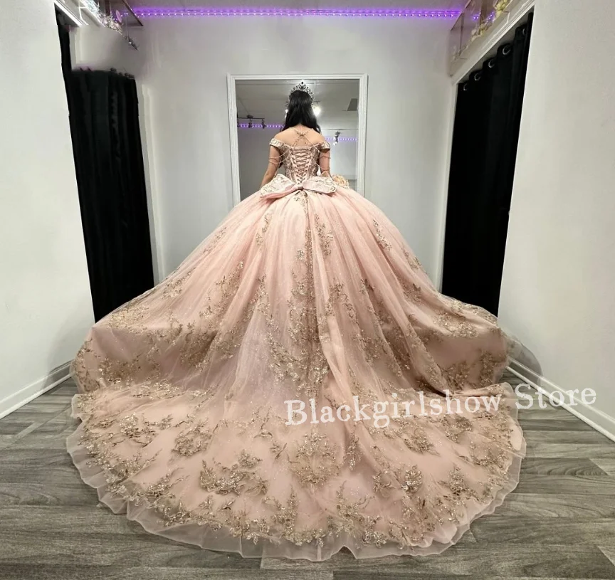 Pale Pink Princess Quinceanera Dresses Off Shoulder Exquisite Beaded Applique Bow Mexico Lace Up xv year dresses